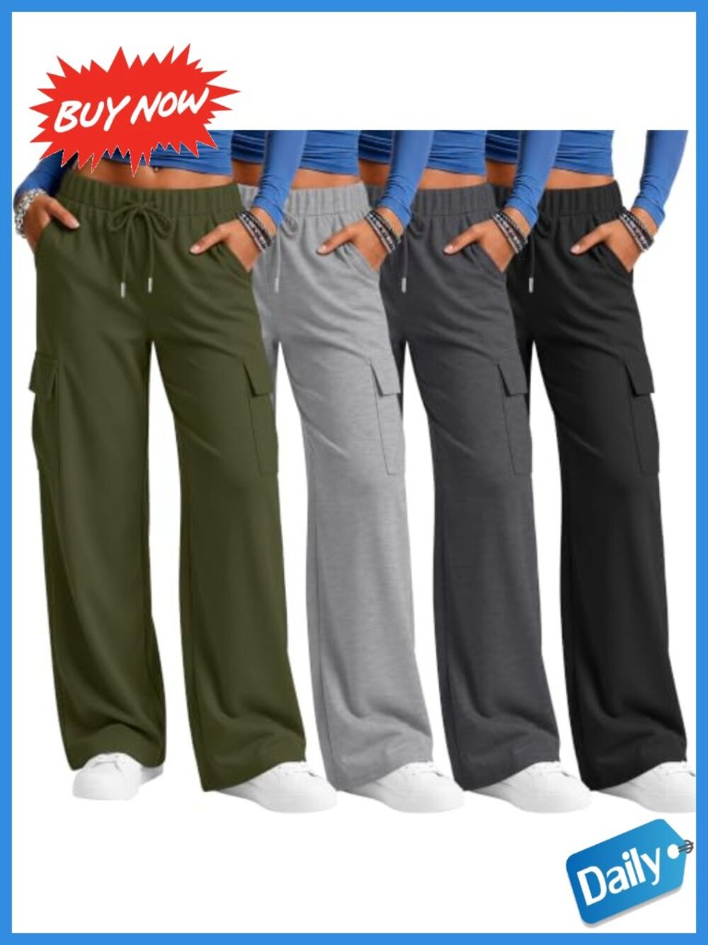 Women's Cargo Sweatpants Baggy Wide Leg Joggers 4 Pack Polyester Drawstring